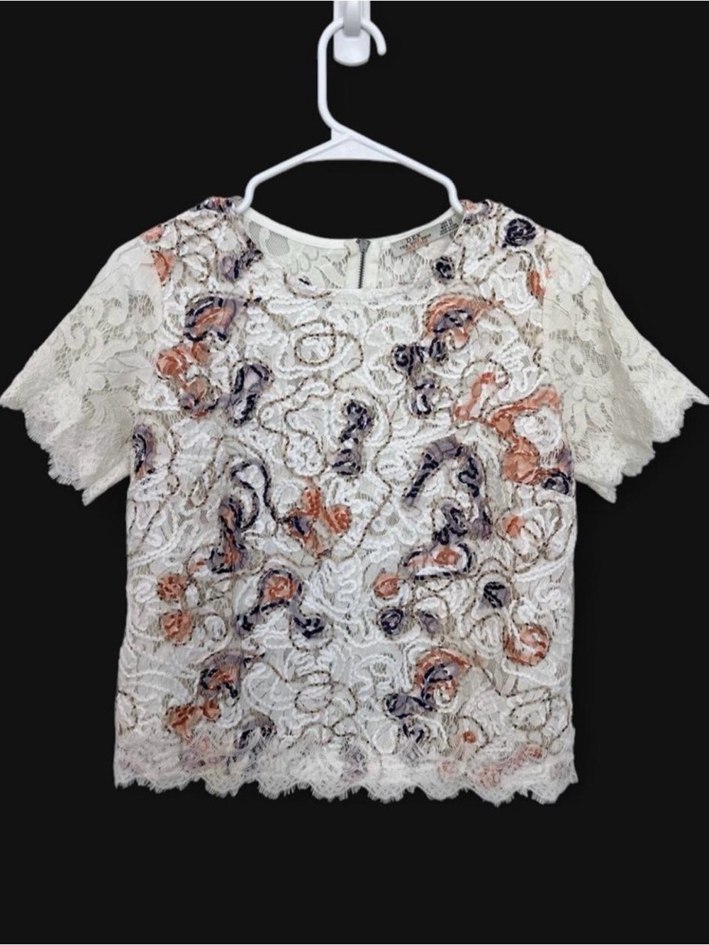 NWT Dex The Suit Shop Abstract Embroidered Floral Lace Zipper Blouse XS Chic